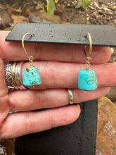 Load image into Gallery viewer, Gold and Turquoise dangle hoops