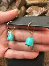 Load image into Gallery viewer, Gold and Turquoise dangle hoops